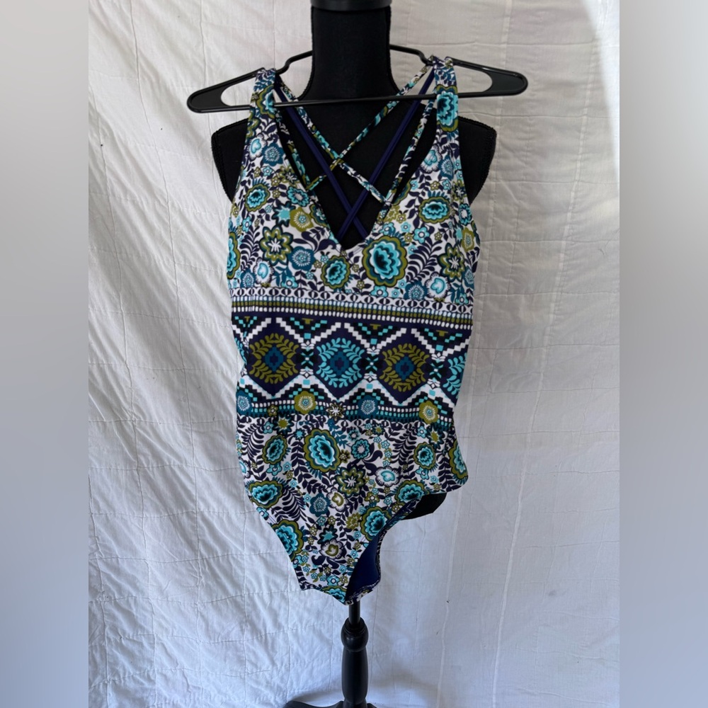 Mossimo Supply Co. Navy Floral-Print One-Piece Swimsuit with Teal Accents
